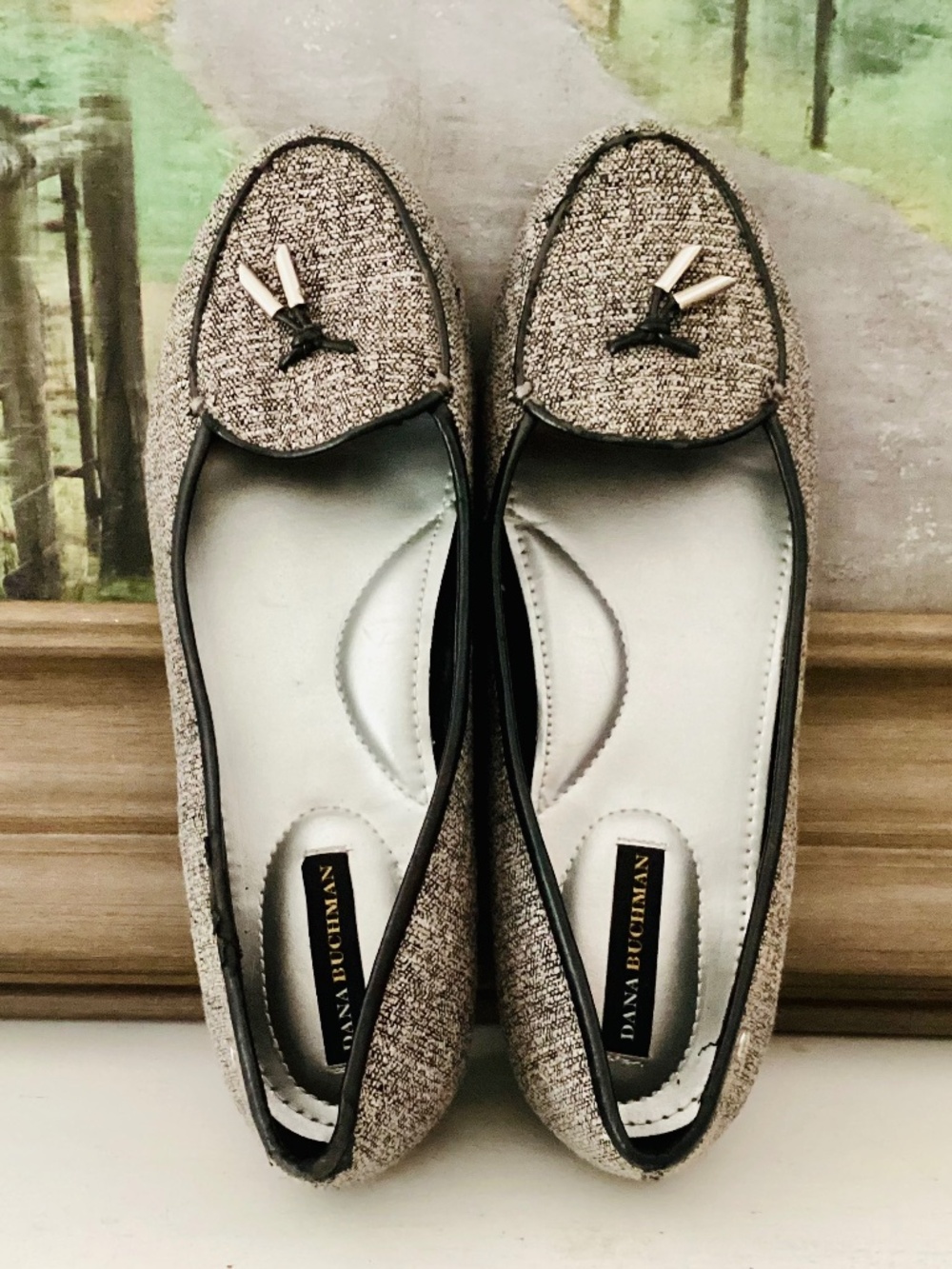 DANA BUCHMAN Flats Women’s 9.5 M Slip On Tassel Grey Tweed Faux Leather Trim
